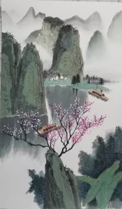 Hand painted landscape with peach blossoms