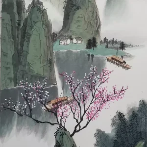 Hand painted landscape with peach blossoms