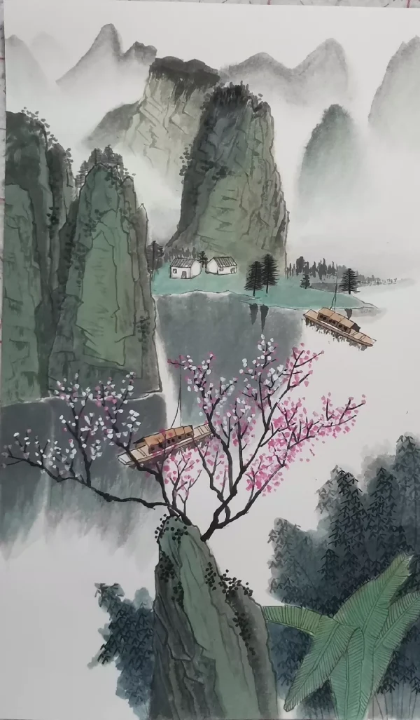 Hand-painted landscape with peach blossoms-1276392956